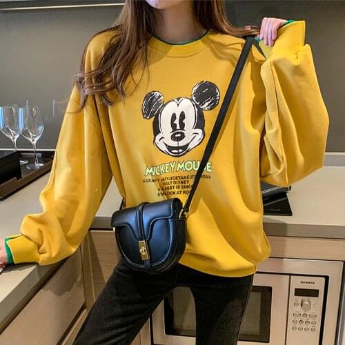 M-4XL Disney Women Hoodies Sweatshirts Mickey Mouse Print Fake Two Piece Loose Hoodies Tops Autumn Spring Lady Hoodies New Cloth