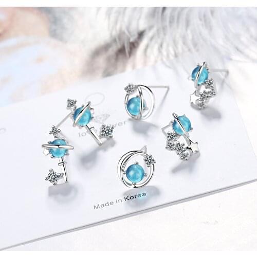 Todorova New Korean Japan Lovely Blue Universe Planet Star Moon Key Stud Earrings for Women Girls Gifts Fashion Jewelry