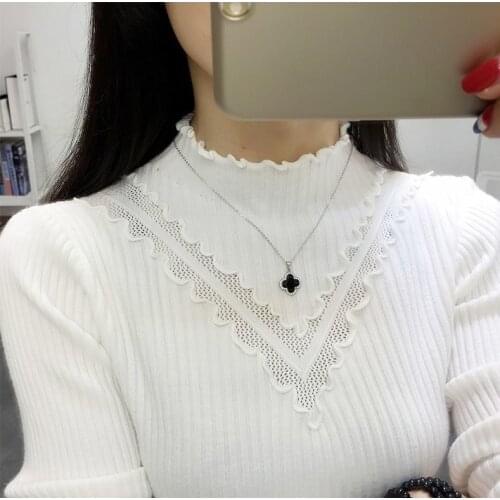 Ladies Autumn Winter Half Turtleneck Sweater Bottoming Long-sleeved Pullover Slim Knit Sweater Korean Style Hollow Womens Tops