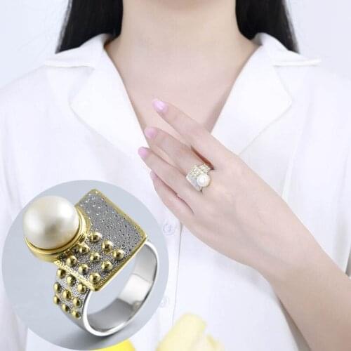100% 925 sterling silver color 10mm Pearl Rings Gold Handmade Design Geometric Faceplate natural Baroque pearl rings for women