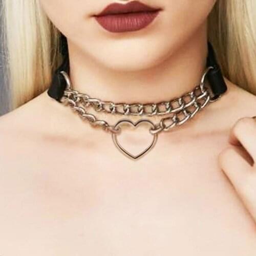 KMVEXO Women Men Cool Choker Harajuku Fetish Heart Metal Alloy Chains PU Leather Collar Bondage Harness Chocker Necklace Bijoux