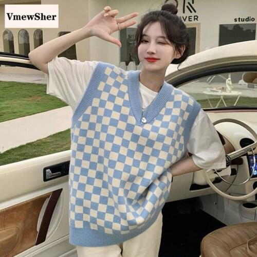 VmewSher New Women Checkerboard Sweater Vest Preppy Style Sleeveless Knitted V-Neck Elegant Jumper Tops Casual Plaid Pullovers