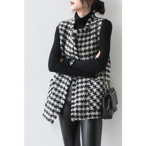 Womens Vest Spring Autumn 2021 New Casual Loose Waistcoat Plaid Ladies Fashion Cardigan Outwear Houndstooth Tweed Vests Y651