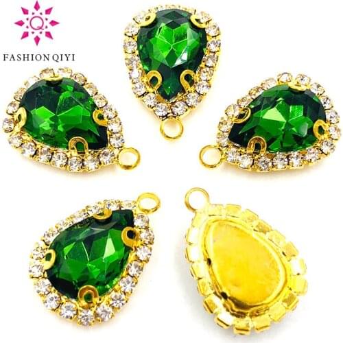 10pcs/pack10X14mmGold bottom Grass green teardrop Single hole Crystalbutton high quality sew on rhinestones diyClothing/Garment