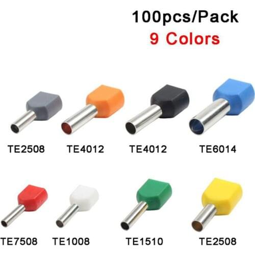 100pcs/Pack TE7508 TE1008 TE1510 TE2508 Two Pre-insulated Pipe-shaped End Cold pressed terminals/Cable Connector/Wire Connector