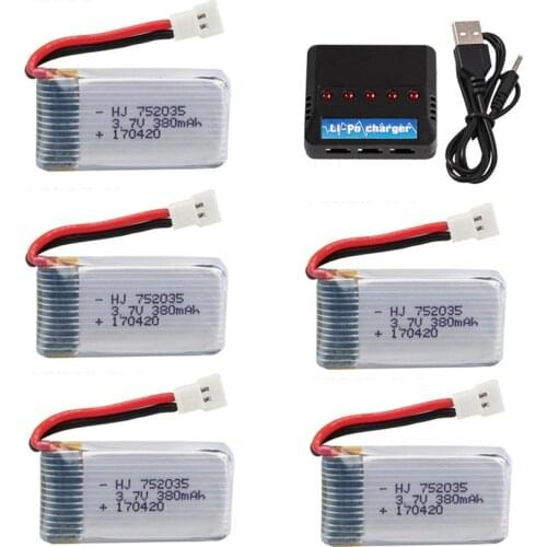 3.7V 380mAh 752035 Lipo Battery and Charger Set For Hubsan X4 H107 H107L H107D JD385 JD388 RC Helicopter Drone Spare Parts