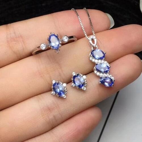 Free Shipping Natural Tanzanite jewelry set Natural Real Tanzanite 925 sterling silver 1pc pendant,1pc ring ,2pcs Earring