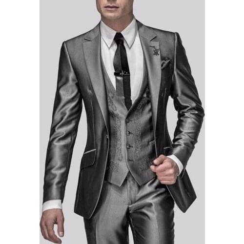 Shiny Grey Men Suits With Embroidery Costume Groomsmen Groom Tuxedos Men Suits Wedding Best Man 3 pieces (Jacket+Pants+Vest)