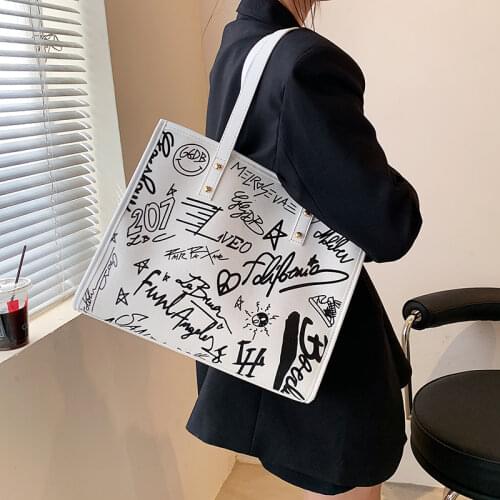 Big Graffiti Canvas Women Tote Bags Trending Designer Shoulder Bags Ladies Large Capacity Shopping Handbags Casual Womens Bag