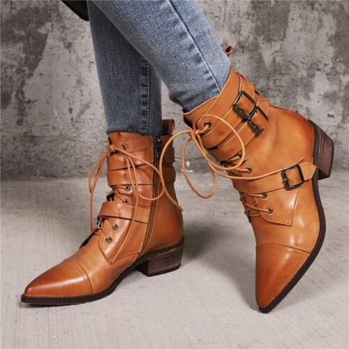 New Women Pointed Toe Chunky Heels Cross Tied Short Boots Handmade Genuine Leather Buckle Straps Retro Cow Boy Style Ankle Boots