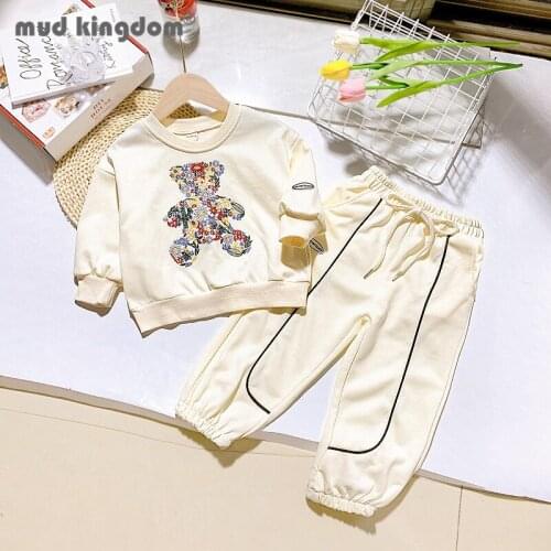 Mudkingdom Boys Girls Set Cartoon Embroidery Bear Pullover Sweatshirts Loose Jogger Pants Casual Sets Kids Spring Autumn Outfits