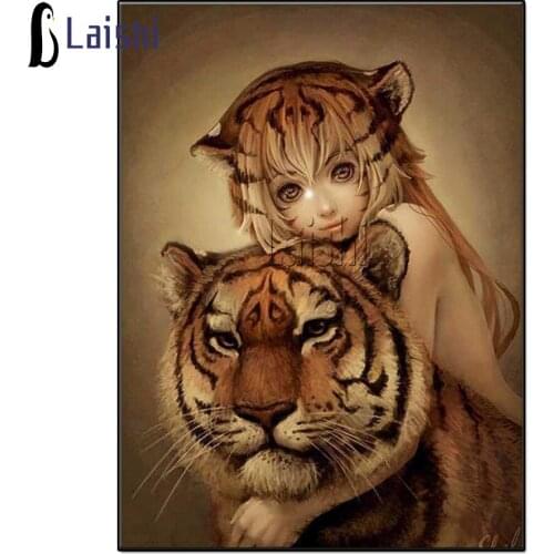 DIY Diamond Embroidery Painting Animal Tiger and Little Girl Picture Full Square Rhinestone Mosaic Cross Stitch Paintings Art