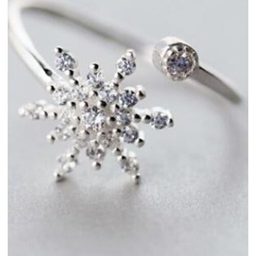 Luxury Female Zircon Snowflake Ring Real 925 Sterling Silver Crystal Snow Flower Opening Rings for Women Jewelry Christmas Gift
