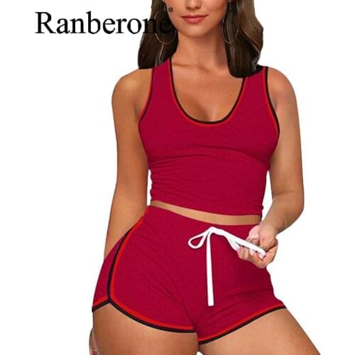 Ranberone Two Pieces Set Summer Sleeveless Top & Shorts Set Tracksuit Outfits Woman Sport Suit Fitness Sportswear 2021 Joggers