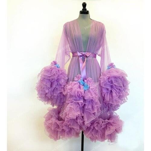 Short Maternity Tulle Robes Extra Puffy Long Sleeves Knee Length Sheer Tulle Party Dress Gowns Women Plus Size Tulle Gown