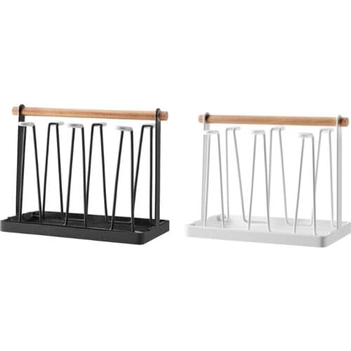 Creative Inverted Cup Drying Rack Metal Stand with Tray Wood Handle Wrought Iron Bottle Mug Glass Organizer Holder