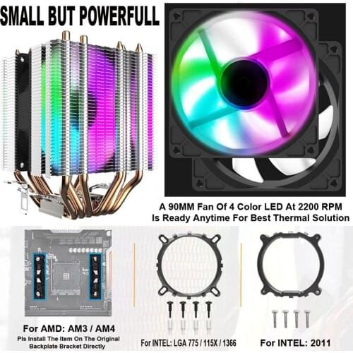 CPU Cooler 6 Heat Pipes Heatsink with 90mm Rainbow LED Fan 3pin Computer CPU Cooling For LGA/2011/775/115x/AM4