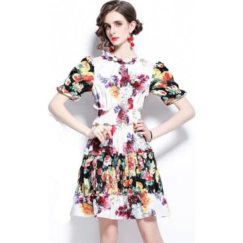 Summer Floral Dress 2021 New Women Beach Ruffles Flower Print Puff Sleeve Elastic Waist Folds A Line Mini Party Vestidos k2071
