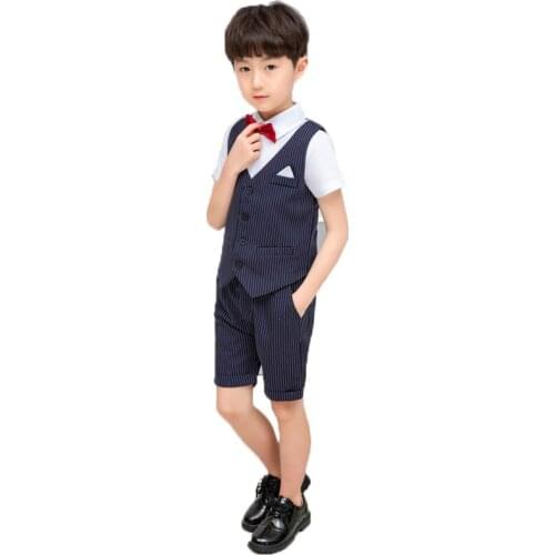 Summer Formal Children Vest Suit Sets Boy Short-sleeved Shirts Striped Vest Shorts Outfits Kids Wedding Performance Costume