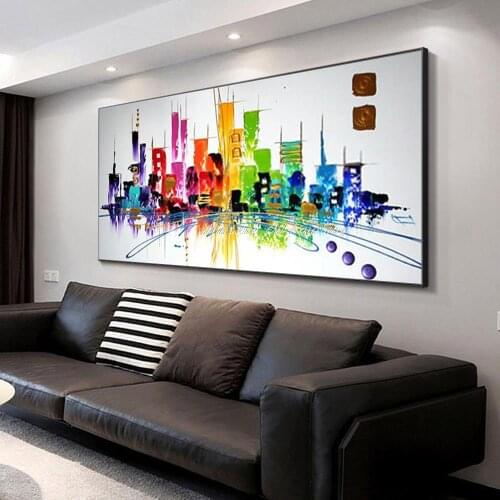 Mintura Hand Painted Colorful City Buildings Landscape Oil Painting Modern Abstract Canvas Wall Art Picture For Home Decoration