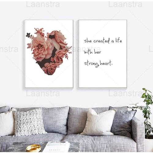 Flower Heart Home Decoration Painting She Created a Life with Her Strong Heart Living Room Wall Canvas Poster Simple Text Print