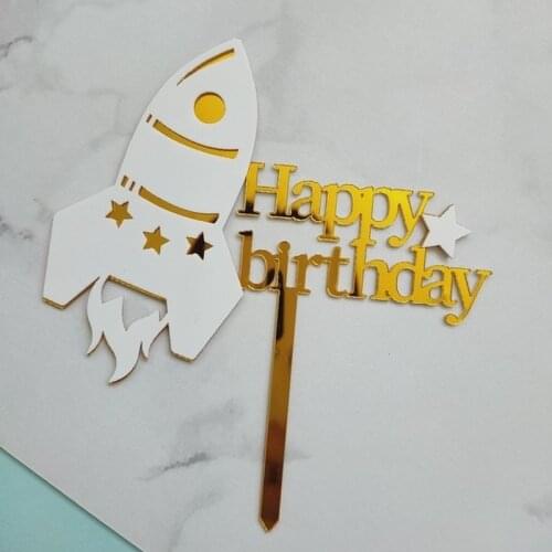 New Space Theme Rocket Happy Birthday Cake Topper Acrylic Creative Toppers Boys Kids Birthday Party Cake Decorations Supplies