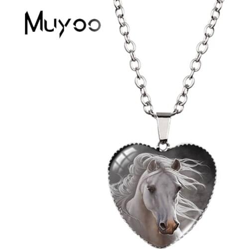 2021 New Arrival Vintage White Horse Oil Paintings Handcraft Jewelry Heart Pendants Necklace HZ3