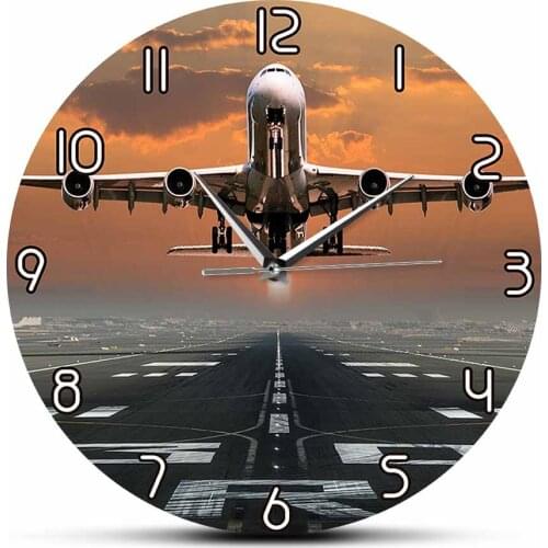Passenger Airplane Landing Modern Wall Clock Aviators Artwork Clock Huge Two Storeys Commercial Jetliner Sunset Sky Home Decor