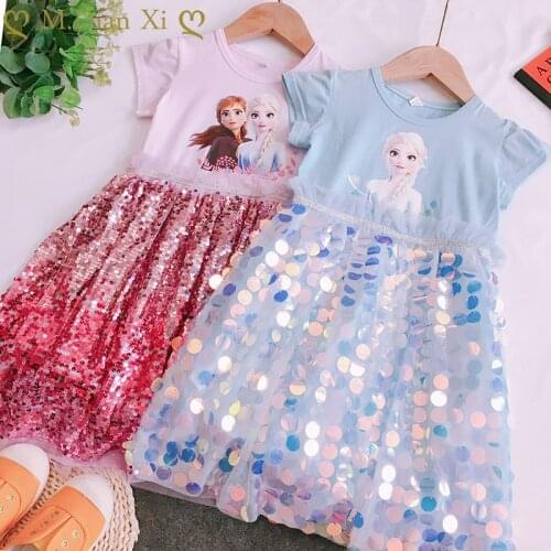 Summer Elsa Girls Dress Kids Princess Girls Sequin Stitching Dress Party Costume Cosplay Snow Queen Fantasy Baby Girls Dresses