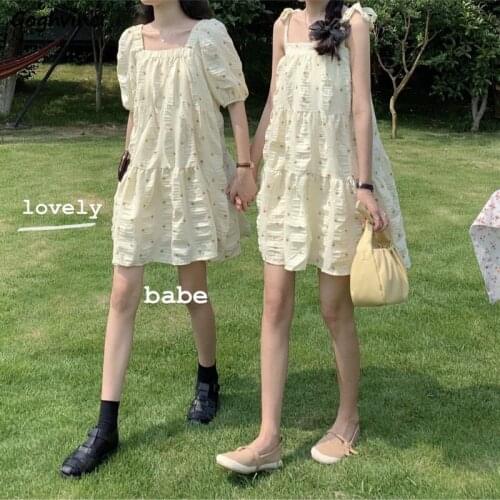 Sleeveless Dress Women Spaghetti Strap Pleated Elegant Printed Slash Neck Females Sweet Dresses Ins Korean Style Above Knee Chic