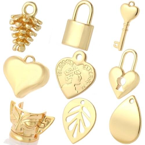 Lock Key Love Heart Diy Pendant Charms for Necklace Bracelet Accessories Pine Cones Plant Charms for Jewelry Making Bulk Gold