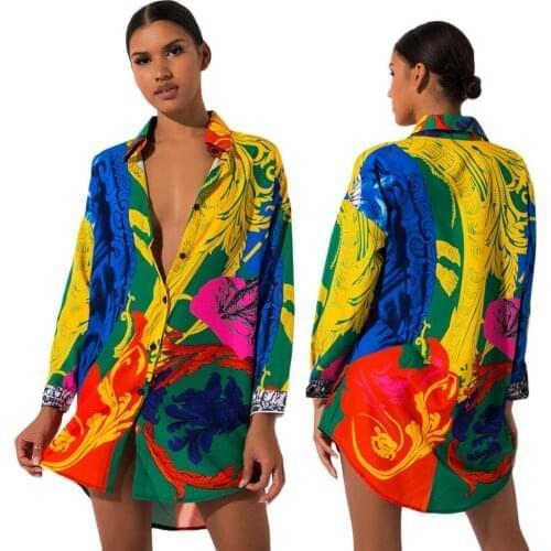 Casual Long Sleeve Turn-Down Collar Printed Mini Shirt Dress Women Clothes Fashion Loose African Ethnic Style Clothing Vestidos