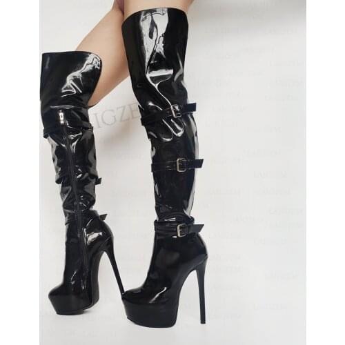 BERZIMER Over Knee Boots For Women Platform Shiny Thin High Heels Tall Boots Handmade Buckles Shoes Woman Big Size 42 46 48 52