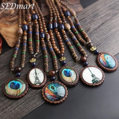 SEDmart Bohemian Creative Wood Beads Long Glass Peacock Feather Pendant Necklace for Woman Girl Resin Jewelry Gifts Dropship Hot