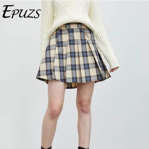 Vintage Women Skirt Harajuku Plaid Pleated Mini Skirt 2020 Fashion Slim Sweet Cute Metal Chain Lady Skirt