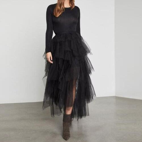 New Hem Asymmetric Ruffles Tulle Skirts For Lady Black Pleated Tiered High Low Ankle Length Tulle Skirt Women Elastic Tutu Saias