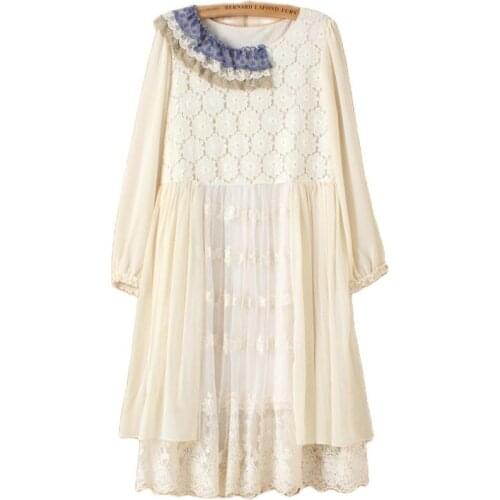 Japanese Mori Girl Retro Hippie Boho Appliques Flroal Crochet Chiffon Patchwork Long Sleeve White Lace Ruffle Women Autumn Dress