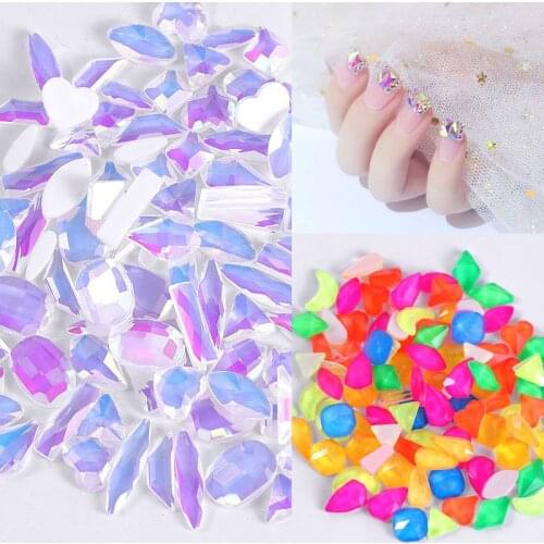 100Pcs/Pack Nail Art Diamond AB Neon Holographic Rhinestones Crystal Mixed Style Bright Jelly Tips DIY Nails Decoration