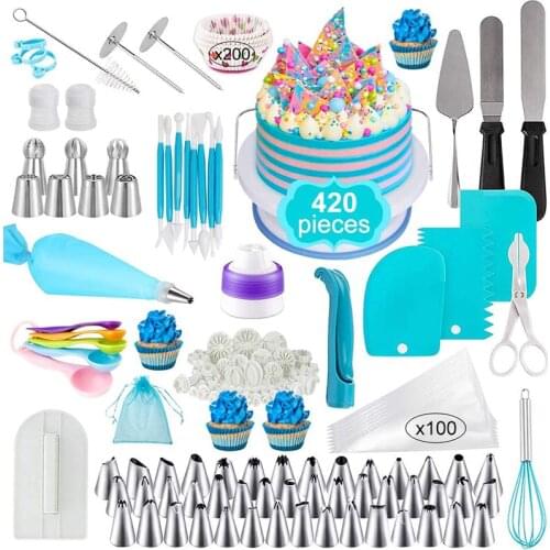 420pcs Cake Decorating Supplies Upgrade with 1 Turntable Numbered Icing Tips Russian Nozzles Frosting Spatulas Measure Spoons