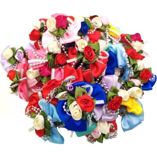 50 Pcs Pet Accessories Bowknot With Rose Beautiful Dog Hair Bows Handmade Dog Cat Hair Rubber Bands Pet Grooming Accessories