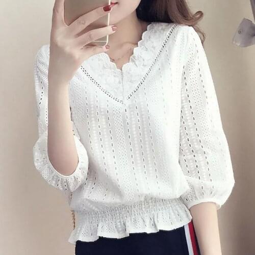Womens White Blouse Sexy Girl Lace Crochet Tops V Neck Hollow Out Shirts Female Elegant Blouses Clothing