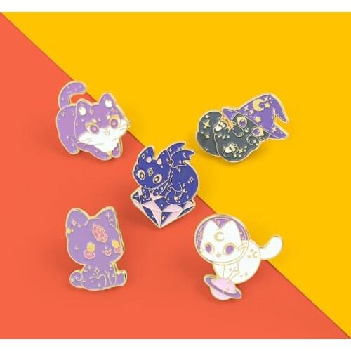 Wild Witch Cat Enamel Pin Purple Wizard Hat Crystal Space Cat With Wing Kitten Brooches Magic Jewelry For Friends 2021 Wholesale