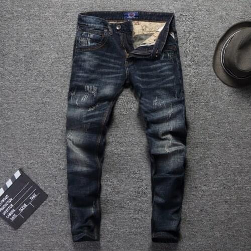 European Vintage Fashion Men Jeans Retro Dark Blue Elastic Slim Fit Ripped Jeans Men Scratch Designer Casual Cotton Denim Pants
