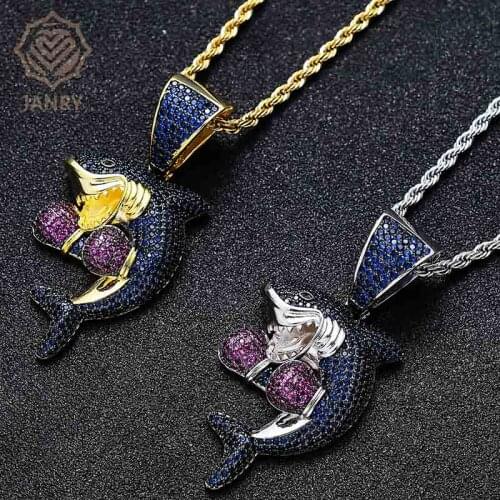 JANRY Personality Boxing Shark Pendant Necklace Hip Hop Zircon Gold Silver Color Necklace With 60cm Stainless Steel Rope Chain