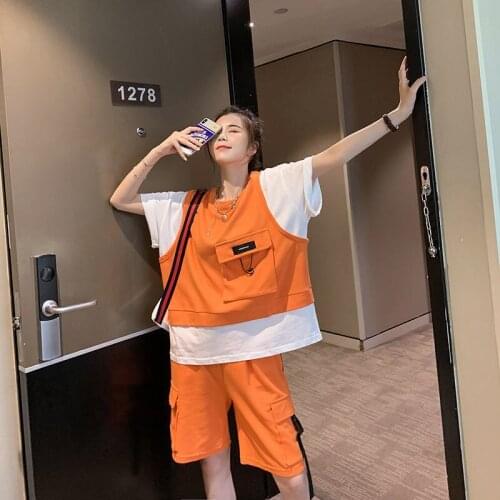 Womens Summer Korean Casual Sports Suit, Large Size, Loose, Thin, Fake Two-piece T-shirt, Wide-leg Pants, Two-piece Women