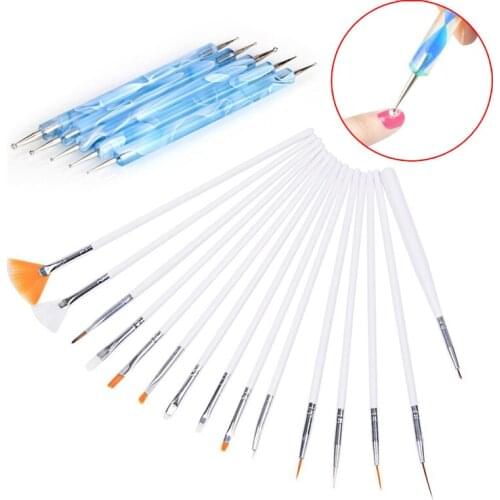 Pro Women Nail Tools Sets 15Pcs Nail Art Design Painting Drawing Brushes White + 5 X 2 Way Marbleizing Dotting Pen Tools Set TN