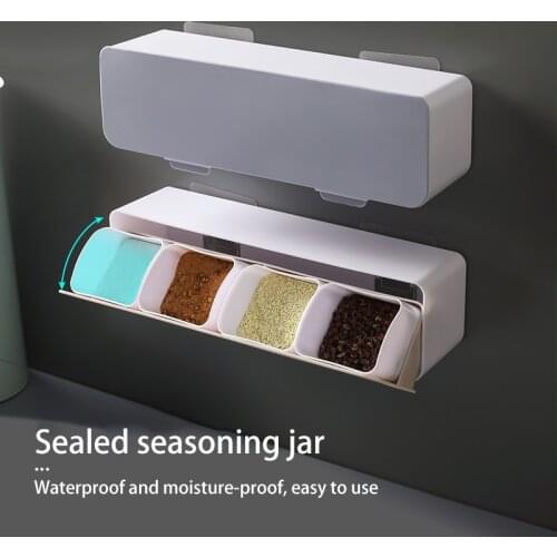 Wall-Mounted Seasoning Box Contrast Color Set Kitchen Flip Cover With Spoon Quarter Grid Seasoning Box Kitchen Storage Gadgets