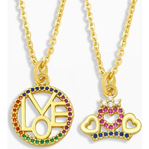 FLOLA Gold Vermeil Round Love Necklace For Women CZ Pave Stone Crown Heart Pendant Necklace Cubic Zirconia Jewelry Gifts nkeu15