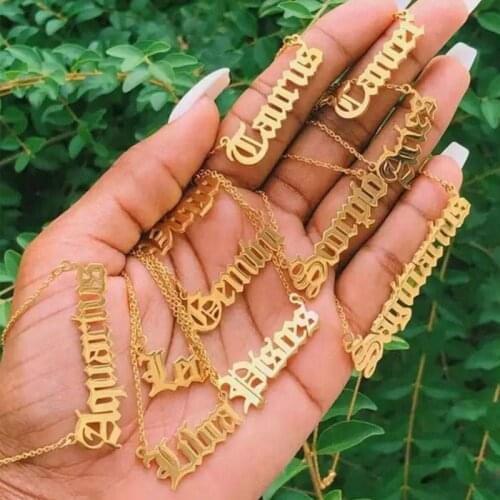 Punk Style Old English Necklace Twelve Constellation Necklace Birthday Gifts Stainless Steel Fashion Jewelry Vintage Best Friend