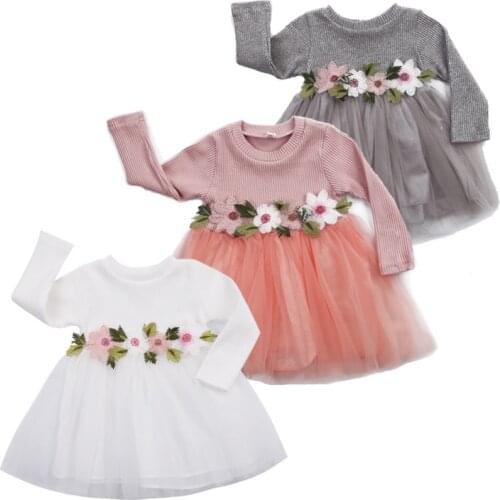 Baby Girl Dress Autumn Long Sleeved Floral Lace Tulle Tutu Dress Flower Appliques Knitted Dresses Warm Toddler Baby Girl Dresses